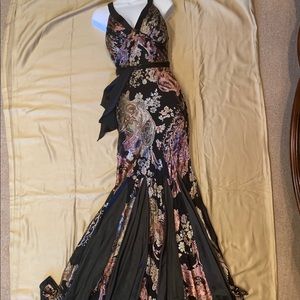 Sue Wong beaded black and mauve and gold gown